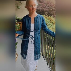 Fendi Diamonte Vintage Blue Denim Long-Sleeve Coat with Fringe